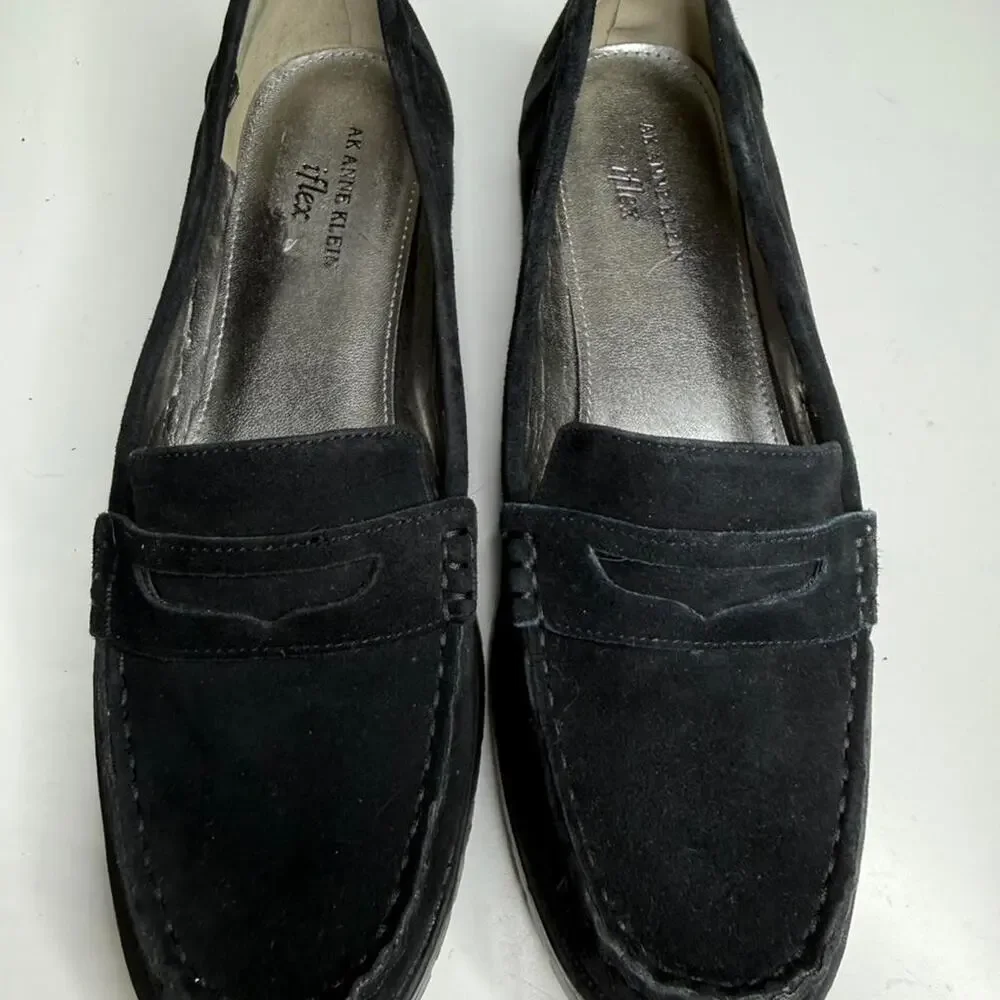 Anne Klein Academia Black Suede Penny Loafers – Chunky Sole | Y2K Size 9